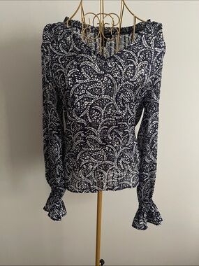 Aqua Navy and White Printed V-Neck Long-Sleeve Blouse